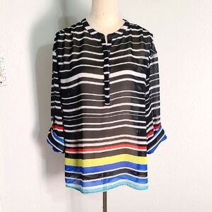 a.n.a. Black & White Stripe &  Multicolor Sheer Top, Button-tab Sleeve, Size 1X